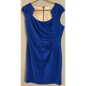 Calvin Klein Womens Royal Blue Ruched Sheath Dress Square Neck Size 14 Cocktail